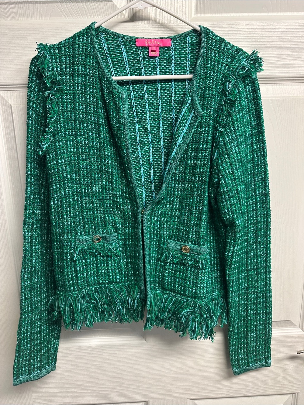 Lilly Pulitzer Green Tweed Knit Cardigan with Aqua Accents